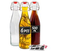 Praknu 6 Bouteilles en Verre 500 ml - Fermeture Mécanique - Bouteille Vide | Bouchon étanche à l'air, 12 étiquettes et un stylo fournis, pour huile d'olive, jus, vinaigre, bière, 500 ml