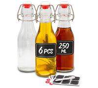 Praknu 6 Petites Bouteilles en Verre 250 ml - Fermeture Mécanique - Vide | Bouchon étanche à l'air, 12 étiquettes et un stylo fournis, pour huile d'olive, vinaigre, liqueur, 250 ml