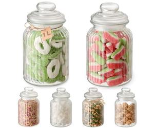 Praknu Bocal à Bonbons en Verre - Lot de 6 x 1L - Avec Étiquettes & Couvercles - Vintage - Pour Mariage, Fête & Cuisine - Passe au Lave-Vaisselle - Pour Biscuits & Chocolat