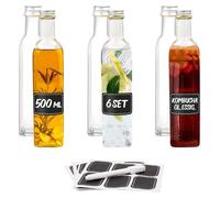 Praknu Lot de 6 bouteilles en verre de 500ml avec bouchon à visser, coin - Bouteilles vides à remplir - 6 étiquettes avec stylo - Bouteilles en verre pour huile, vinaigre, jus & limonade