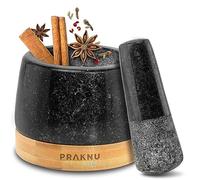 Praknu Mortier Petit avec Pilon pour la Cuisine - En Granit - Pour épices et Herbes Aromatiques - Avec Dessous de Plat en Bois FSC® N004317
