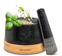Praknu Mortier Pilon Cuisine Grande Taille 14 cm - Pilon Mortier Granite | Volume suffisant pour pesto et marinades, pierre lourde de 3,25 kg, intérieur gratté, dessous en bois FSC, mortiers et pilons