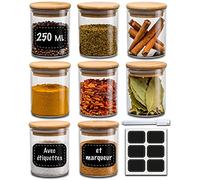 Praknu Pots à Épices en Verre avec Couvercles - 8 Pots x 250 ml - Récipients pour Épices de Cuisine - Hermétique - avec étiquettes - Lavable au Lave-Vaisselle - Épices, Herbes et Thé