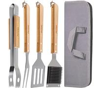 Praknu Set Barbecue 4 Ustensiles INOX - Kit BBQ Plancha - Accessoire Gaz | Manches en bois, coffret et sac de transport fournis, acier inoxydable, à offrir aux amateurs de grillades
