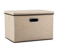 Prandom Grande Boîte de rangement pliable avec couvercle,[Lot de 1] bac de rangement de lin décorative, Panier Cube avec poignées,Panier Cube avec poignées,Kaki(43x30x30cm)