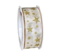 Prasent Arktis Ruban en Taffetas avec Fil métallique Motif étoilé Doré/crème 40 mm x 20 m