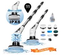 PRASKY IPX8 Brosse de nettoyage électrique rotative sans fil avec affichage LED, 9 têtes de brosse remplaçables et 4 poignées d'extension réglables