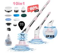 Prasky SL01A-2 IPX8 Brosse de nettoyage électrique rotative sans fil rechargeable, avec affichage LED, 9 têtes de brosse remplaçables et 4 poignées d'extension réglables