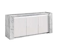 PRAVA - Buffet 3 Portes Laqué Blanc et Effet Marbre avec Leds