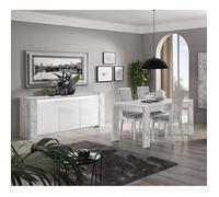 Ensemble Séjour Blanc et Effet Marbre Table 160cm + Buffet avec Leds - PRAVA -