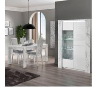PRAVA - Ensemble Séjour Blanc et Effet Marbre Table 160cm + Vitrine avec Leds