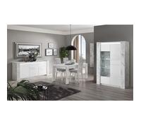 PRAVA - Ensemble Séjour Complet Blanc et Effet Marbre Table 190cm + Buffet et Vitrine avec Leds
