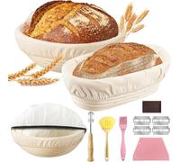 Prebarfun Kit Banneton, In anneton pour Pain Rond 23cm & Ovale 25cm, Film de Fermentation, Lame Boulanger, Grattoir à PâTe, Pinceaux à Pâtisserie et Nettoyer, Kit Boulangerie pour Pain et Levain