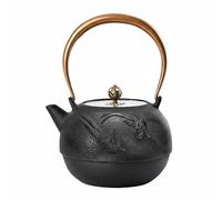 predolo Bouilloire en Fonte Théière Kettle Rétention de Chaleur eau Plus Douce Fer Divalent Compatible Induction et Couvercle en Cuivre Motif Oiseau en Relief, Noir Théière Seule, 1200ml