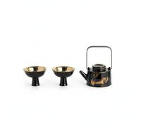 predolo Vaisselle Émaillé Foncé Décoratif Service Thé Céramique Tasses Assorties, Théière Ronde Noire Avec Motif Abstrait Doré Et Deux Tasses À Pied