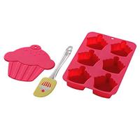 Premier Housewares 0805309 Set de Cuisson Moule à Muffin Forme de Cupcake 6 Pièces Silicone Hot Pink + Dessous de Plat + Spatule Jaune + Poignée Transparent