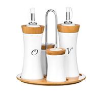 Premier Housewares 1103947 Set à Condiments 4 Pièces Huile/Vinaigre/Sel/Poivre en Bambou/Céramique
