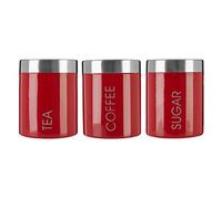 Premier Liberty Service de 3 Pots à Thé, Café et Sucre, Émail Rouge, Couvercles en Acier Inoxydable Satiné- Dimensions : H 13 x l 10 x P 10 cm Environ