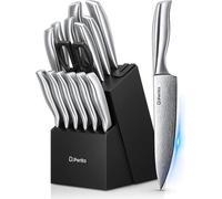 Premium Bloc à couteaux 15 Pcs Bloc à couteaux auto-affûtant Set de couteaux en acier inoxydable avec manche ergonomique et bloc en bois Set de couteaux de cuisine professionnels