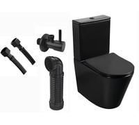 Premium Rimless Close Coupled Toilet - Sortie Verticale/Horizontale Universelle, Noir Mat, avec Siège Duroplast Slim Soft-Close, Black Flexible Toilet Connector, 60cm FxF 3/8" x3/8" Tuyau