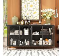 PREMTURE Buffet Noir 140cm avec Éclairage LED - Vitrine avec 4 Portes en Verre, Cadre en Fer & 3 Couleurs de Lumière - Meuble Vitré pour Salon, Salle de Bain & Couloir, 140×75×40cm