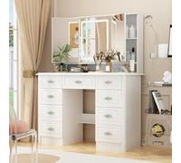 PREMTURE Coiffeuse Blanche en MDF 50 x 110 x 137 cm avec poignées Roses argentées, Table Maquillage à Trois miroirs et éclairage LED, 9 tiroirs et 5 étagères Grand Espace de Rangement