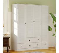 PREMTURE Grande penderie blanche 150 x 50 x 180 cm en MDF, penderie avec 4 portes, 5 tiroirs et tringles, armoire de chambre à coucher avec poignées noires pour un espace de rangement suffisant
