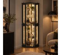 PREMTURE Vitrine d'angle noire avec LED, vitrine en verre 48 x 48 x 170 cm | Design d'angle peu encombrant, éclairage LED, étagères en verre, cadre noir, présentation chaleureuse