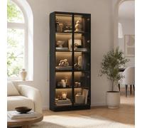 PREMTURE Vitrine Noire 80x36x200 cm avec LED, Portes vitrées et étagères | Vitrine moderne noire avec éclairage LED, portes en verre et 5 niveaux pour salon, livres, collections et décoration