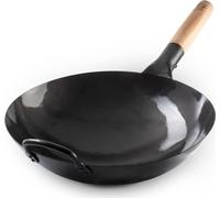 Préparé Acier au carbone forgé à la main Pow Wok - Poignée auxiliaire en bois et acier - 335 cm Fond rond
