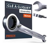 PRESCH liquet réversible 16mm - Angle de reprise minimal (4°, 90 dents) - Déport de 15° pour les zones étroites - Clé plate à cliquet robuste usinée avec précision