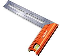 Presch Équerre de Menuisier 200mm - Petite - Avec jauge (20cm), niveau à bulle et pointe à marquage - 90° et 45° degrés - Équerre a chapeau