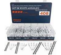 Presch Kit de rivets aveugles 408 pièces avec forets HSS - Lot de 400 rivets alu/acier 2,4mm, 3,2mm, 4,0mm et 4,8mm et 8 forets HSS correspondants 2,5mm, 3,3mm, 4,1mm et 4,9mm