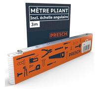 PRESCH Mètre pliant 3m avec échelle d'angle - Bois - Orange - Pliable - Nombres grands et très lisibles - Encliquetage précis - Mètre en bois, Mètre rigide, Mètre à branche, double mètre