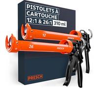 Presch Pistolet silicone Set 26:1 & 12:1 avec arrêt de goutte - Pistolet à cartouche jusqu’à 310ml (acrylique, colles de construction) - Pivotement 360° et aiguille de perçage
