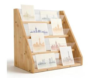 Présentoir à cartes - Présentoir de comptoir à 4 niveaux - Bois - Pour cartes de vœux, cartes postales, autocollants - Jaune