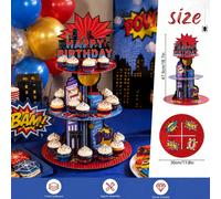 Présentoir à cupcakes 3 étages thème super-héros de bande dessinée, tour d'affichage de desserts thème ville avec pancarte Joyeux Anniversaire pour décorations de fête d'anniversaire de bande dessinée