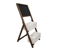 Présentoir à fleurs blanc et marron en forme de cœur avec un tableau noir