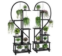 Présentoir à fleurs - Étagère à plantes avec roulettes - Lot de 2 - 172 cm - 6 niveaux - Structure métallique - Motif en forme de demi-cœur - Noir