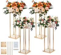 Présentoir à fleurs SucceBuy pour mariages, 4 pièces, colonnes métalliques dorées, hauteur 80 cm, revêtement métallique, vases géométriques servant de centre de table, présentoir cylindrique pour fleu