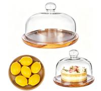 Présentoir à gâteau avec base en bois de 20,3 cm avec dôme en verre, cloche en verre transparent pour dessert, fromage, bonbons, plantes succulentes