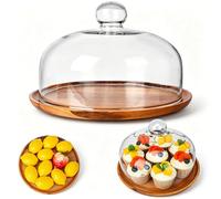Présentoir à gâteau avec base en bois de 25,4 cm avec dôme en verre, cloche en verre transparent pour dessert, fromage, bonbons, plantes succulentes