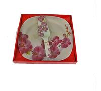 Présentoir À Gâteaux Avec Sa Pelle À Gâteau En Verre, Plateau À Gâteau Ou Tarte -30X30cm- Motif Orchidée, Présenté Dans Son Coffret Cadeau En Carton Et Pvc, Noël, Fête. Plat De Service Blanc Et Mauve