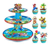 Présentoir à Gâteaux - Super Mario - 3 Niveaux - 12 Décorations - Multicolore - Fête d'anniversaire