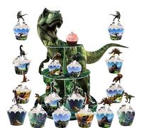 Présentoir à gâteaux sur Le thème des Dinosaures, Tour à Cupcakes + 16 pièces de Bordure pour gâteaux sur Le thème des Dinosaures + 16 pièces de décoration pour Cupcakes, Bordure pour gâteaux