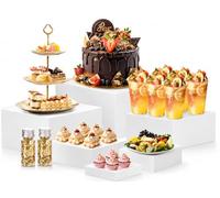 Présentoir Apéritif Buffet Cube Lot de 6 Rehausseurs en Acrylique Blanc 3/4/5/6/7/8 Pouces + 2 Bouteilles Feuille d’Or Comestible pour Décoration Dessert Gâteau Chocolat Mariage Traiteur Bijoux