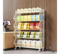 Présentoir de rangement à plusieurs niveaux, étagère en fil métallique blanc avec roulettes - Présentoir polyvalent pour commerces de détail, supérettes et organisation de la maison - Soluti