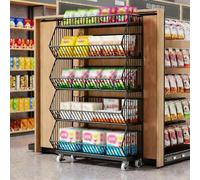 Présentoir de rangement à plusieurs niveaux, étagère mobile à roulettes pour produits d'épicerie - Étagère en fil métallique blanc pour commerces de détail, supérettes et organisation domest