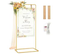 Présentoir Pour Panneau De Bienvenue De Mariage, 175x80x50cm Porte-Affiche De Mariage Ajustable En Métal Doré Avec 2 Sangles En Cuir Et Guirlande Lumineuse De 5M Pour Réception De Mariage