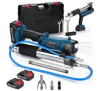 Presse à graisse sans fil de 12000 PSI avec LED, incluant un interrupteur, 2 batteries de 2,0 Ah, un tuyau de 100 cm, 3 embouts, un moteur sans balais, et un pistolet à cartouches de graisse compatibl
